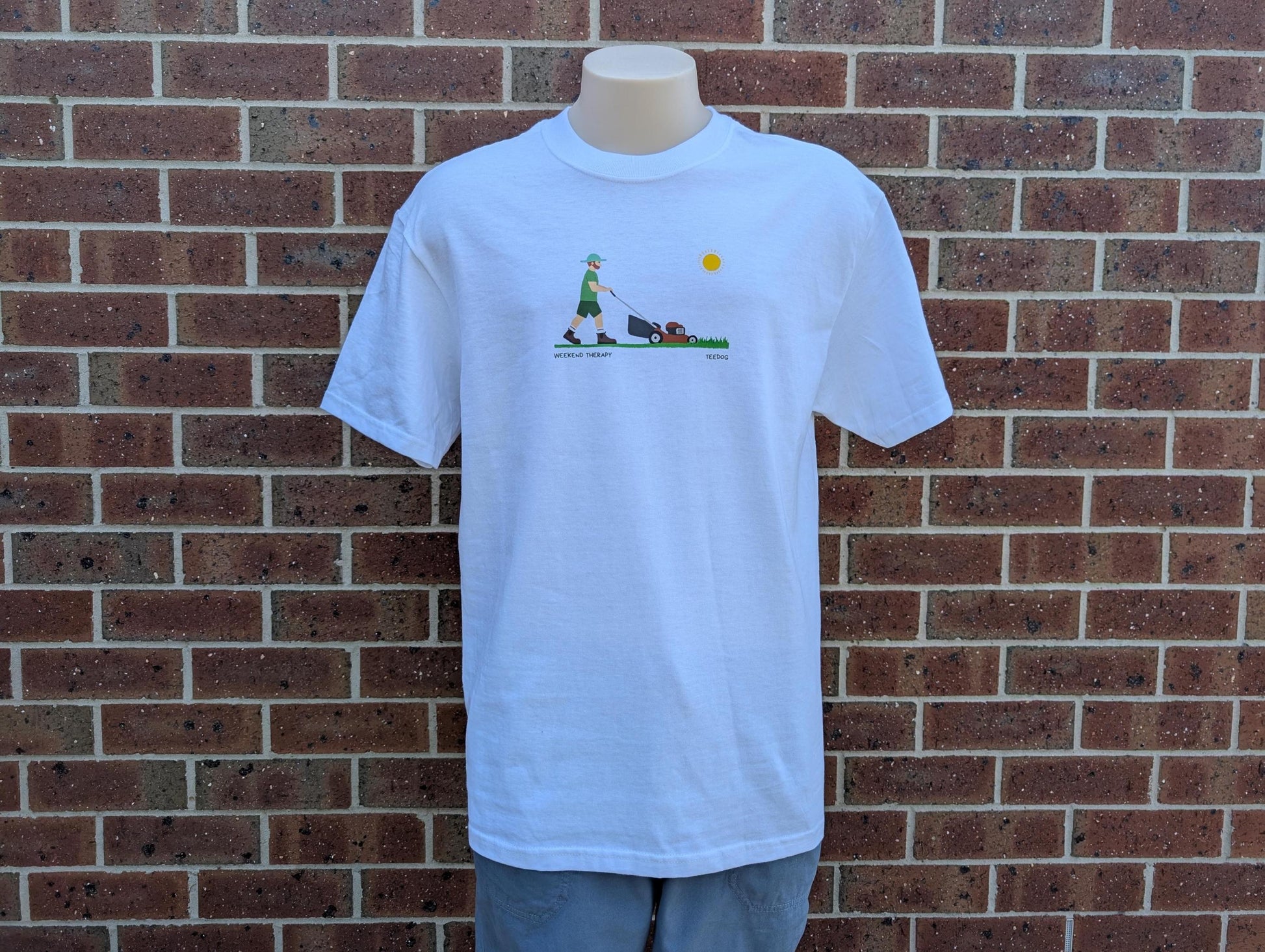Weekend Therapy Gardening T-Shirt – Men's Funny Mower Tee – Hand Printed Eco Friendly Top – Lawn Care Gift for Him – Sun Design Shirt