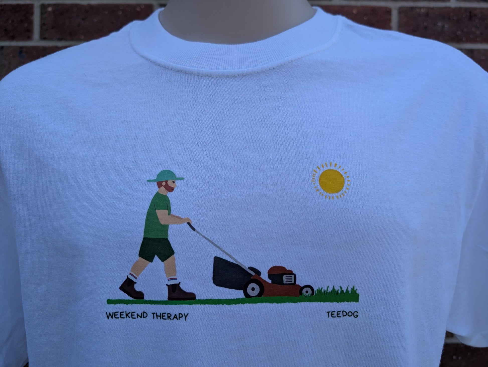 Weekend Therapy Gardening T-Shirt – Men's Funny Mower Tee – Hand Printed Eco Friendly Top – Lawn Care Gift for Him – Sun Design Shirt