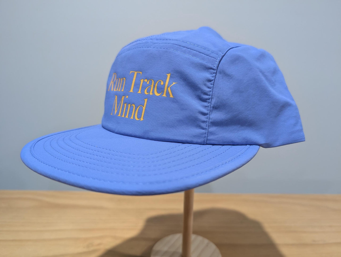 Blue Running Hat – Recycled Nylon 5 Panel Cap – Run Track Mind Retro Sportswear – Peach Logo Performance Headwear – Unisex Training Gear