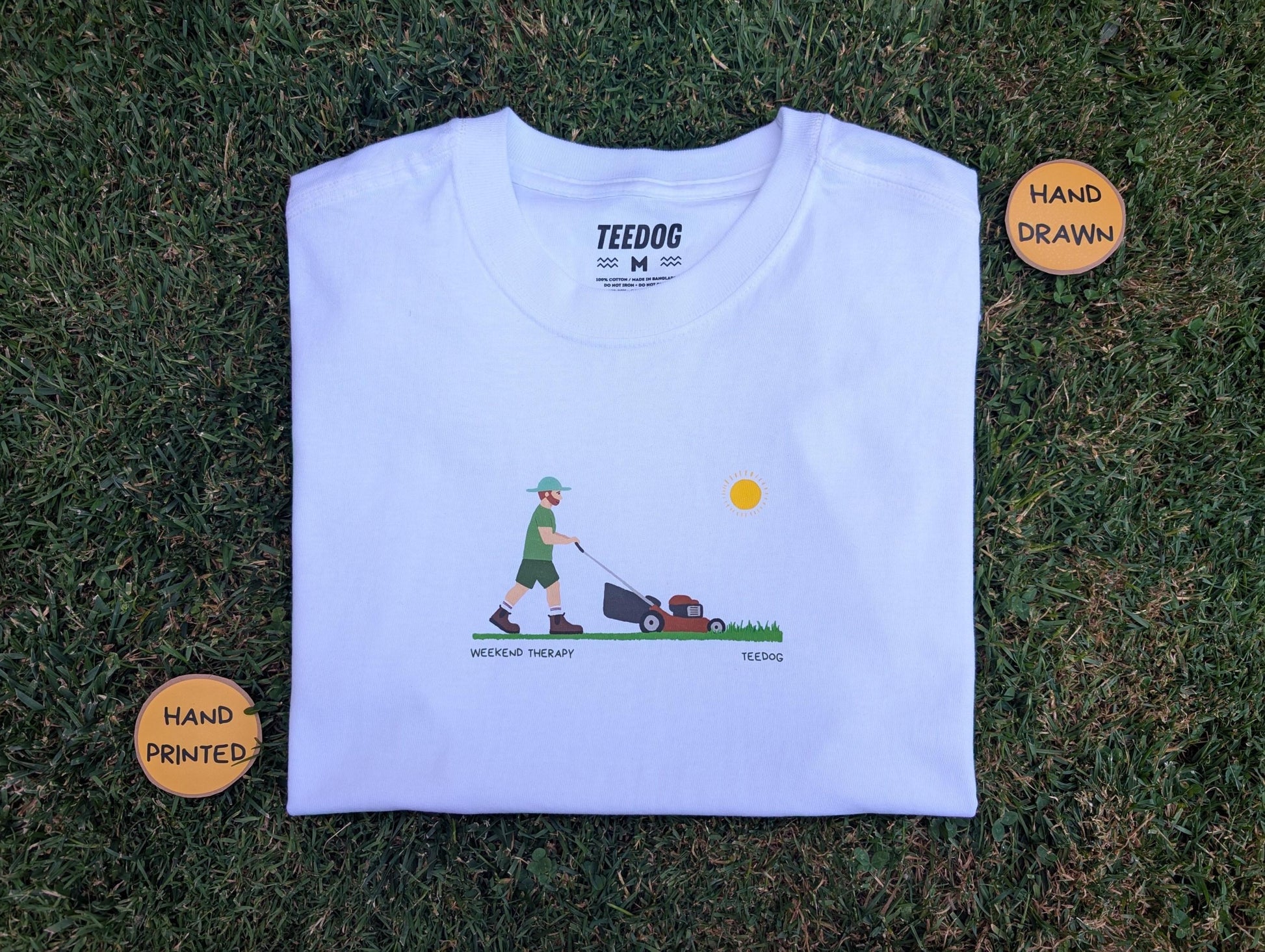Weekend Therapy Gardening T-Shirt – Men's Funny Mower Tee – Hand Printed Eco Friendly Top – Lawn Care Gift for Him – Sun Design Shirt