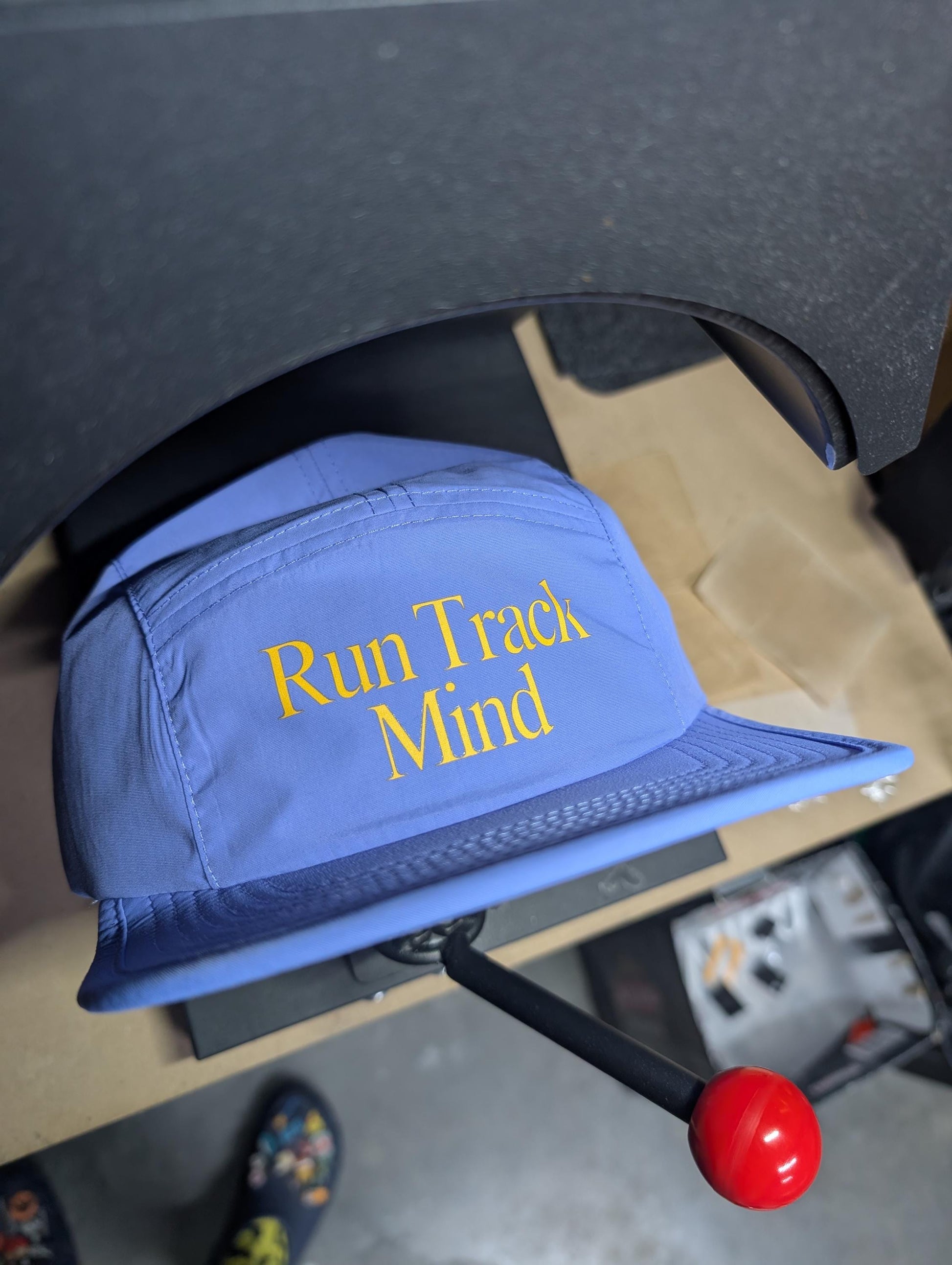 Blue Running Hat – Recycled Nylon 5 Panel Cap – Run Track Mind Retro Sportswear – Peach Logo Performance Headwear – Unisex Training Gear